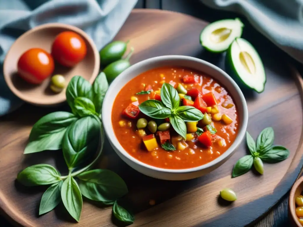 Una exquisita sopa fría italiana con ingredientes frescos y coloridos en una mesa rústica