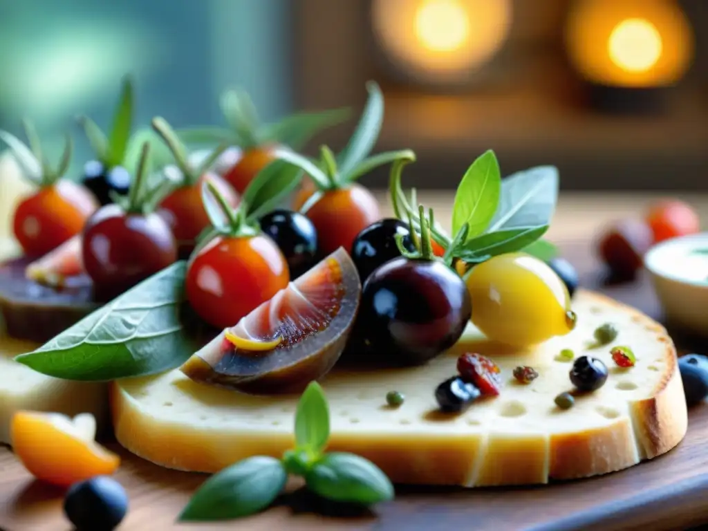 Una exquisita tabla de embutidos italianos, tendencia cocina, con coloridos canapés meticulosamente decorados en una mesa rústica de madera