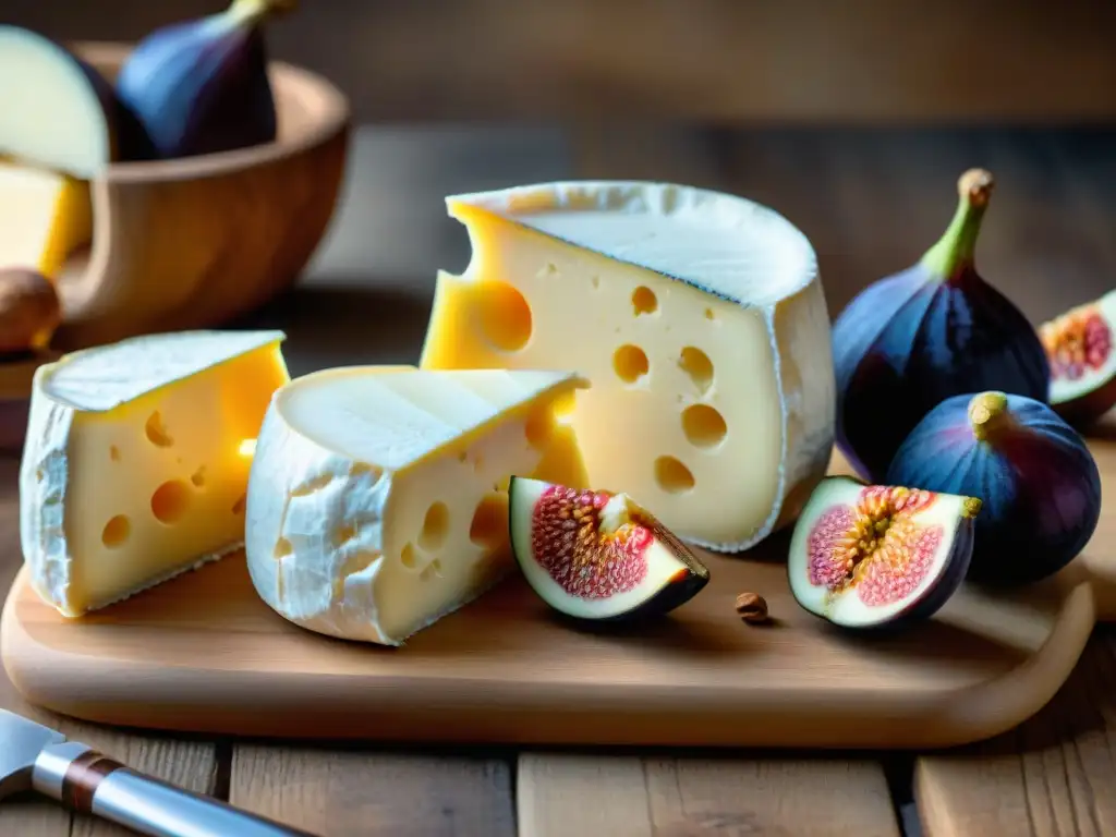 Una exquisita tabla de quesos Robiola en variedad de texturas y colores, acompañados de higos frescos, panal de miel y nueces