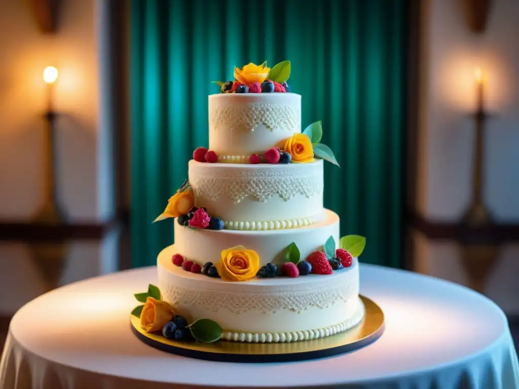 Exquisita torta nupcial italiana con detalles de flores de azúcar, encaje elegante y frutas frescas