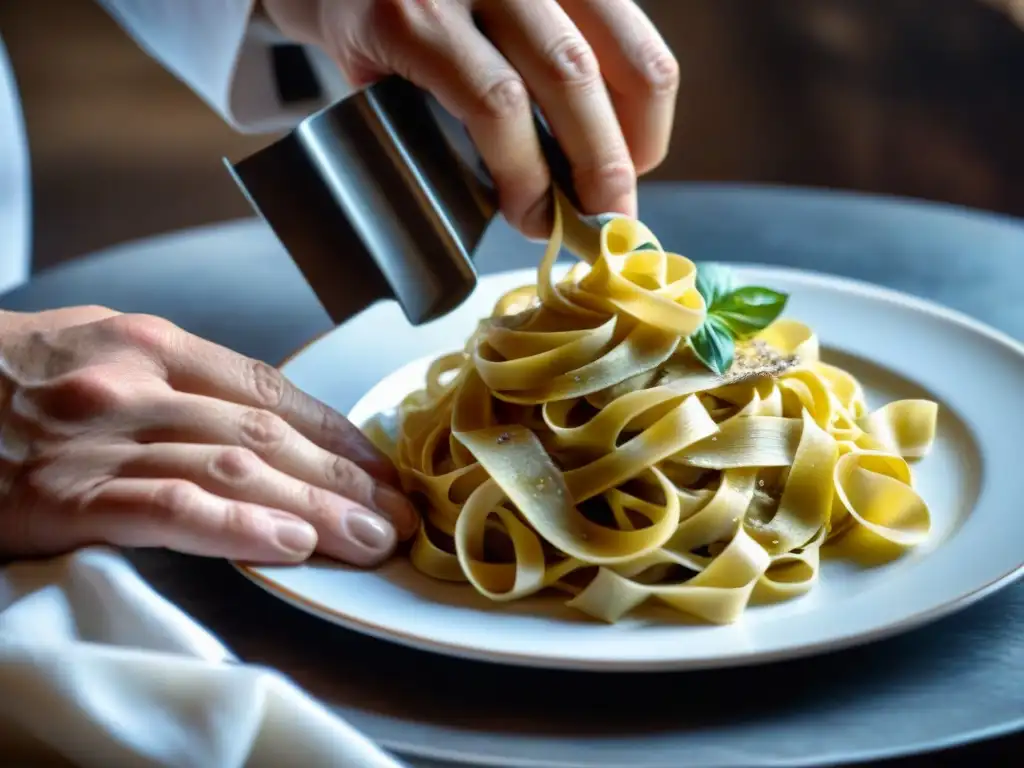 Exquisita trufa blanca de Italia, delicadamente rallada sobre tagliatelle en cocina rústica