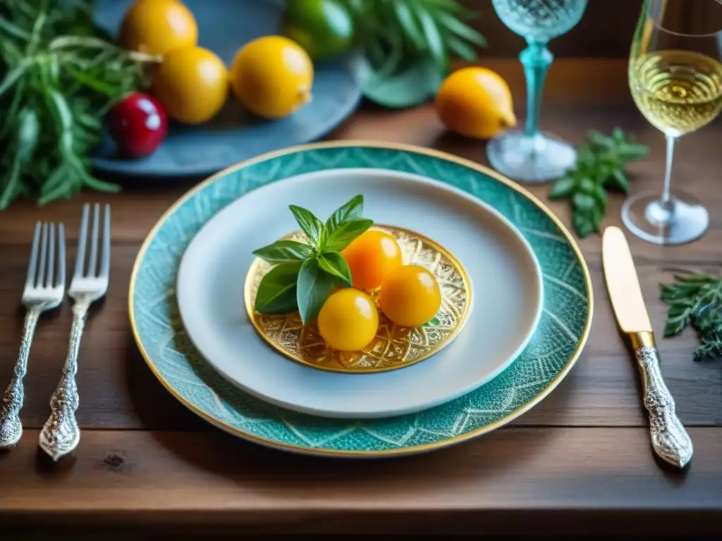 Una exquisita vajilla de diseñador italiano gourmet con patrones renacentistas y detalles en hoja de oro, sobre una mesa rústica elegante