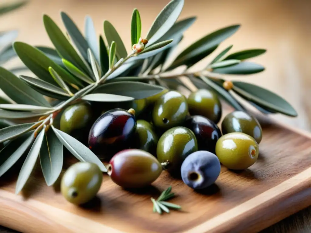 Una exquisita variedad de aceitunas premium en detalle, brillando bajo la luz natural en una tabla de madera rústica con romero y tomillo fresco