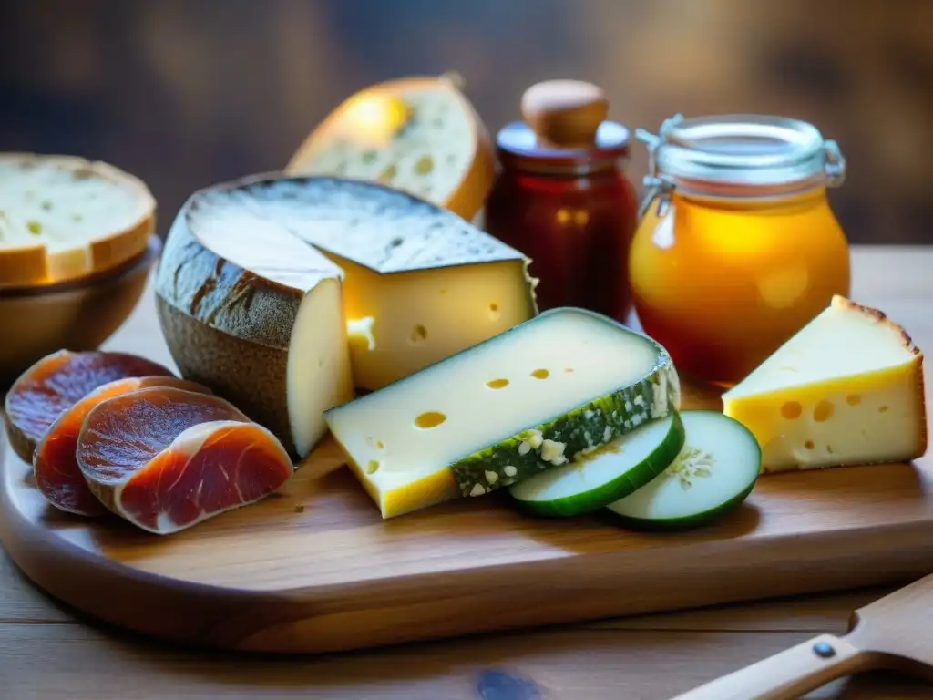 Una exquisita variedad de alimentos fermentados italianos en una tabla rústica, resaltando la fermentación en la cocina italiana