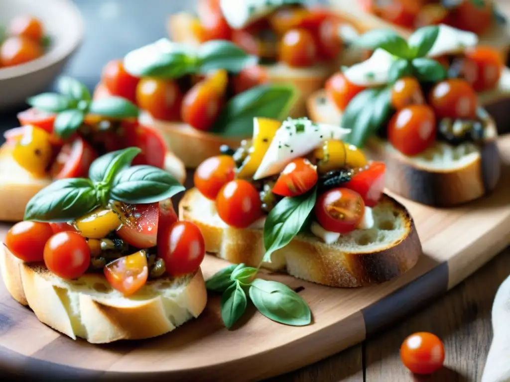 Una exquisita variedad de bruschettas saludables recetas cocina italiana, con tomate, albahaca, mozzarella y aceite de oliva, en plato rústico