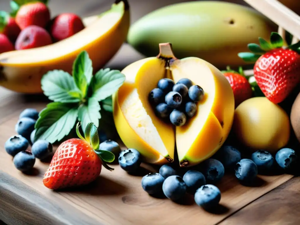 Una exquisita variedad de frutas frescas y maduras sobre una mesa de madera, ideal para recetas de gelato casero