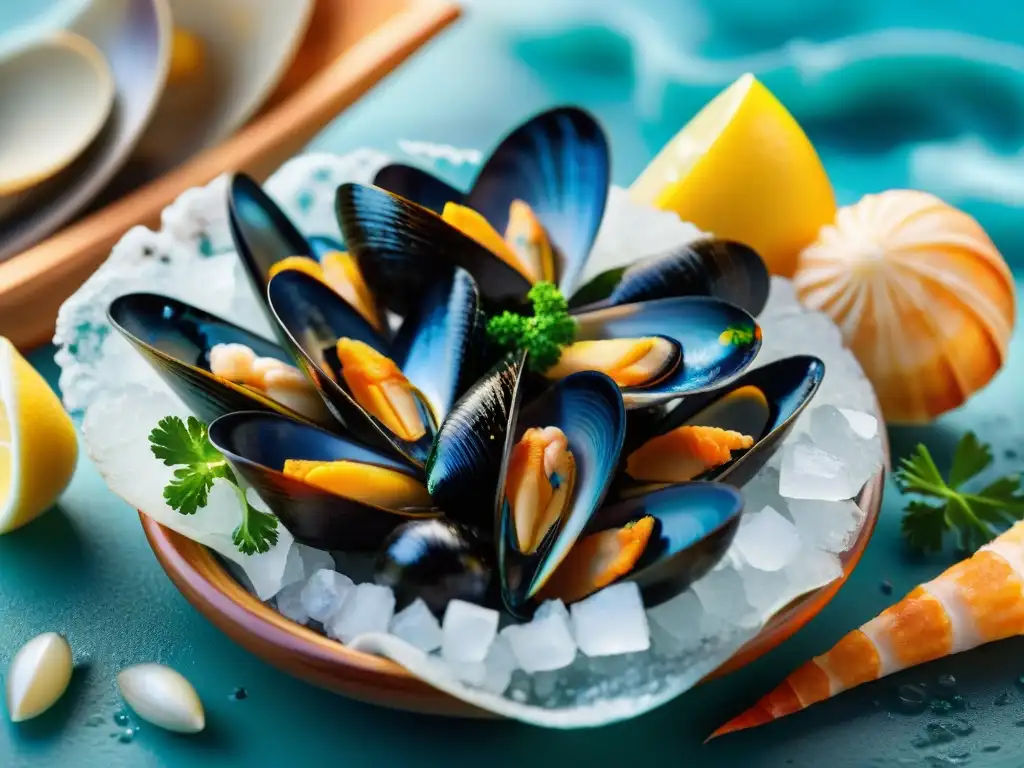 Una exquisita variedad de mariscos frescos sobre hielo, evocando la esencia del mar y la riqueza culinaria de la Historia del Frutti di Mare