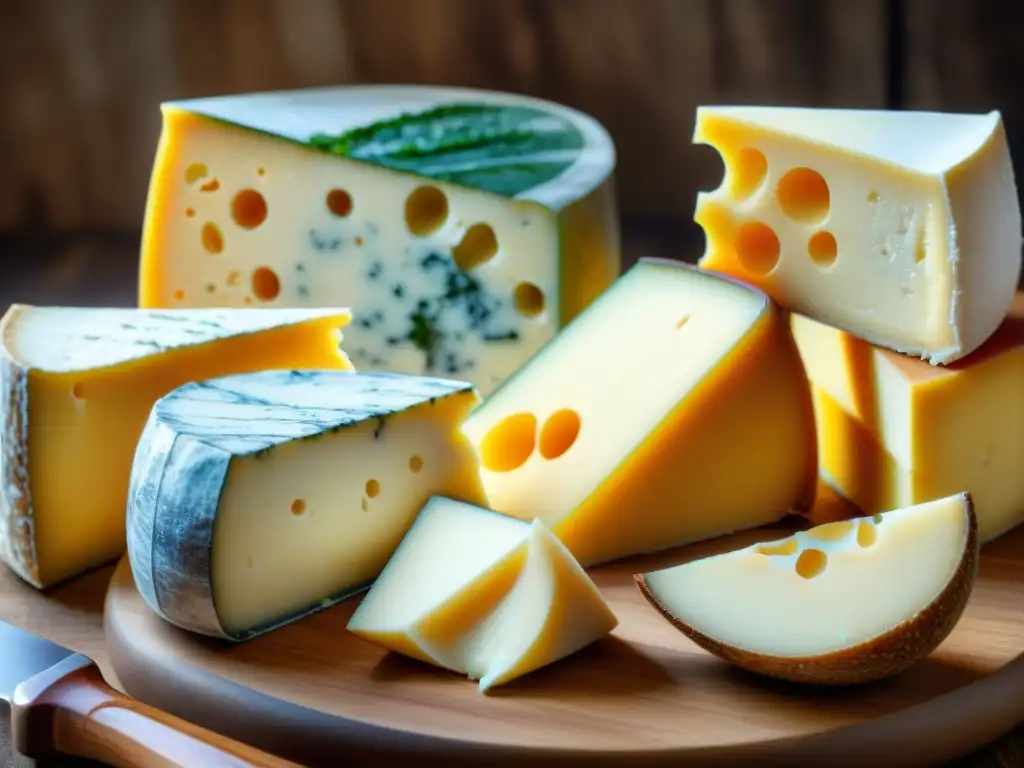 Una exquisita variedad de quesos italianos para tabla de queso, con texturas y colores únicos, sobre una rústica tabla de madera