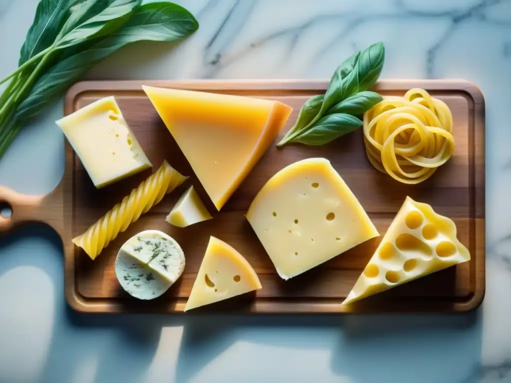 Exquisitas combinaciones de queso y pasta en una tabla de madera, mostrando variedad y armonía de sabores