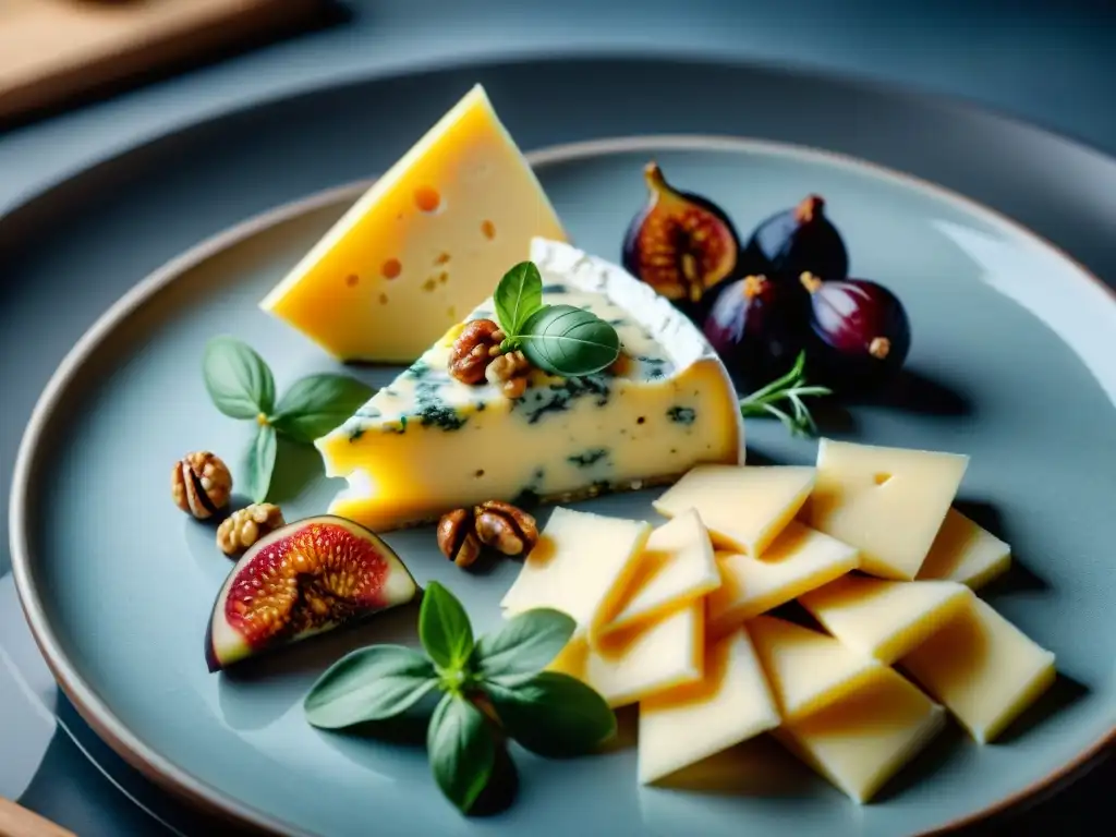 Exquisita tabla de quesos con Gorgonzola: innovación y sabor Exquisitas recetas con queso Gorgonzola en plato gourmet: higos rellenos, risotto cremoso y nueces con miel