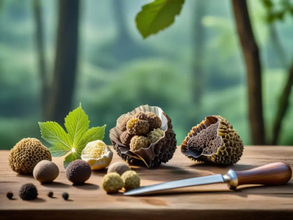 Exquisitas trufas italianas recién cosechadas en mesa rústica en bosque verde