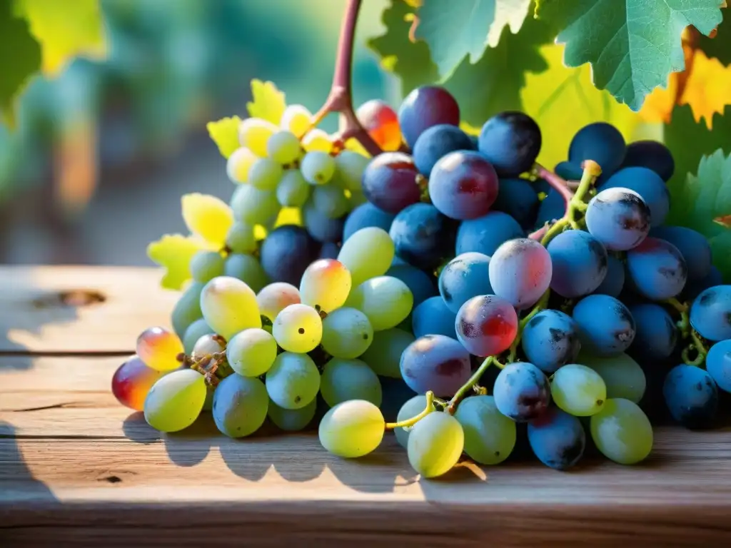 Delicias italianas: uvas frescas y coloridas en mesa rústica Exquisitas uvas italianas con beneficios antioxidantes brillan sobre la mesa rústica, invitando a saborear su frescura