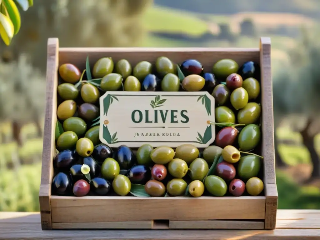 Exquisitas variedades de aceitunas en caja de madera, etiquetadas con detalles, bajo luz natural