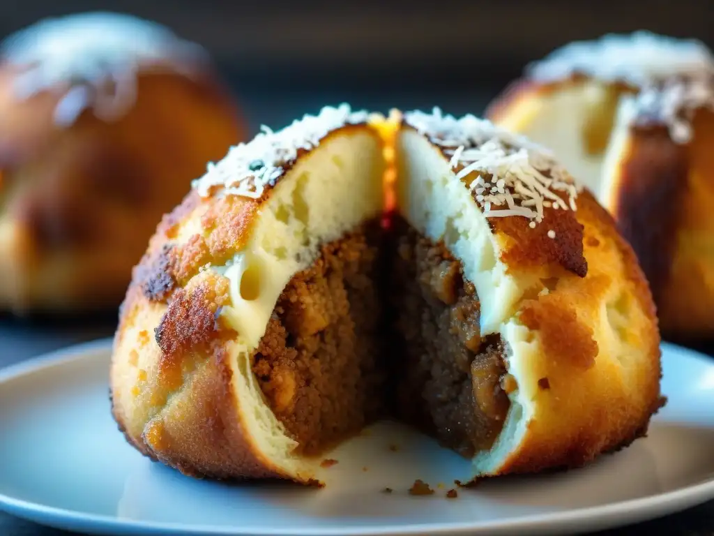 La exquisitez de un arancini recién hecho, con capas de arroz, ragú y queso fundido, bajo una luz natural