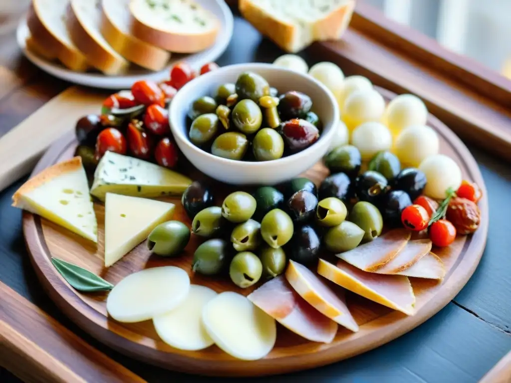 Exquisito antipasto italiano rápido de alta calidad en tabla de madera rustica, resaltando colores y texturas