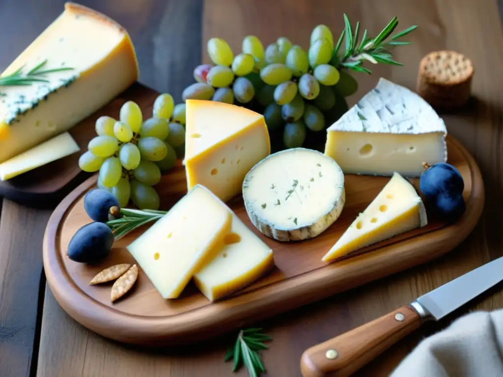 Un exquisito banquete invernal: tabla de queso Fontina con uvas, crackers y romero fresco