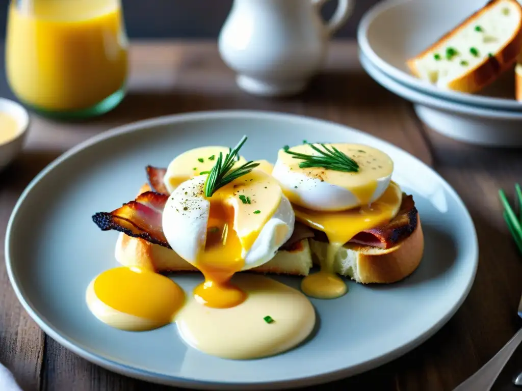 Un exquisito brunch italiano tendencias gastronómicas: Huevos Benedictinos perfectamente pochados con salsa holandesa y panceta crujiente