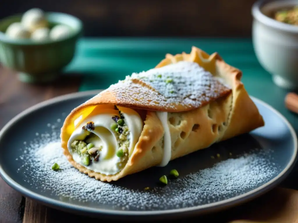 Un exquisito cannoli siciliano recién horneado, decorado con pistachos y azúcar glas