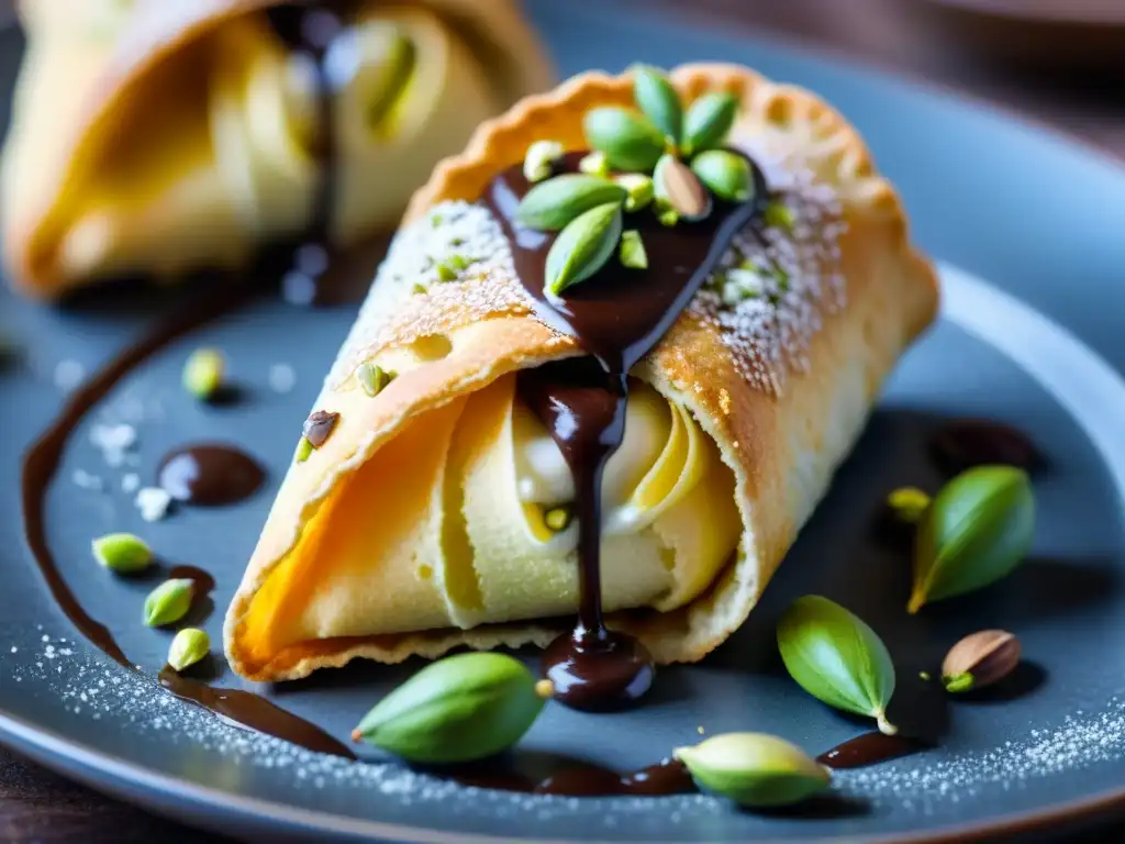 Exquisito cannoli vegano: relleno de ricotta, pistachos y chocolate, ¡una delicia sin igual!