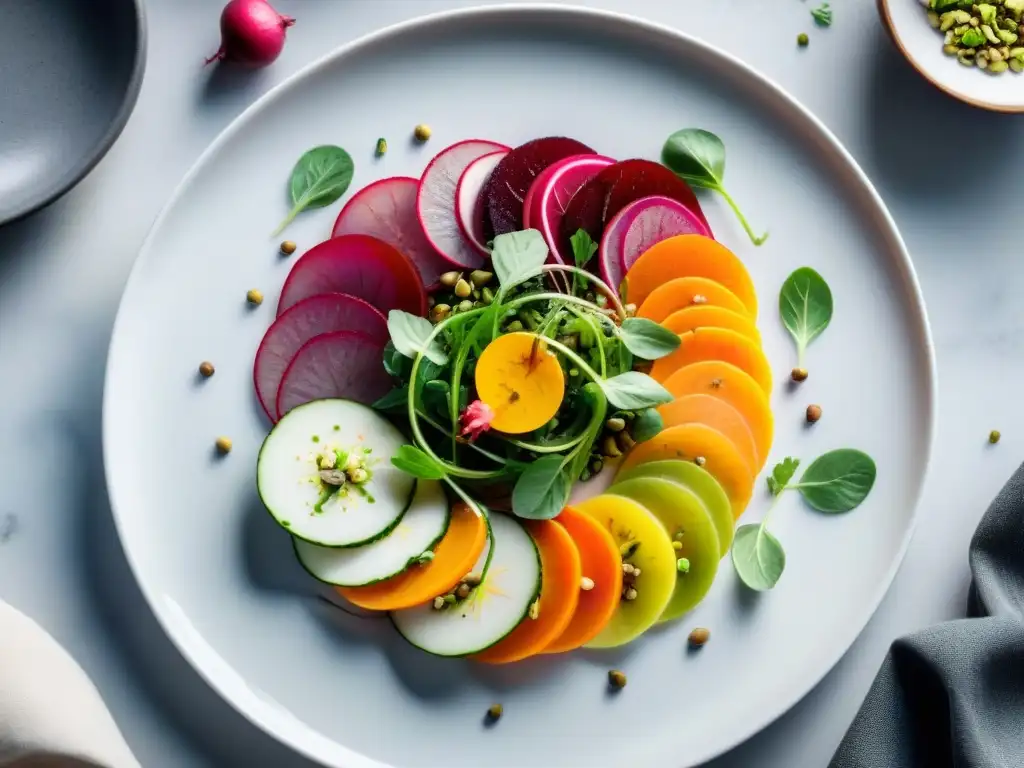 Un exquisito carpaccio vegetal receta saludable con remolachas, rábanos, calabacines y zanahorias en un plato blanco