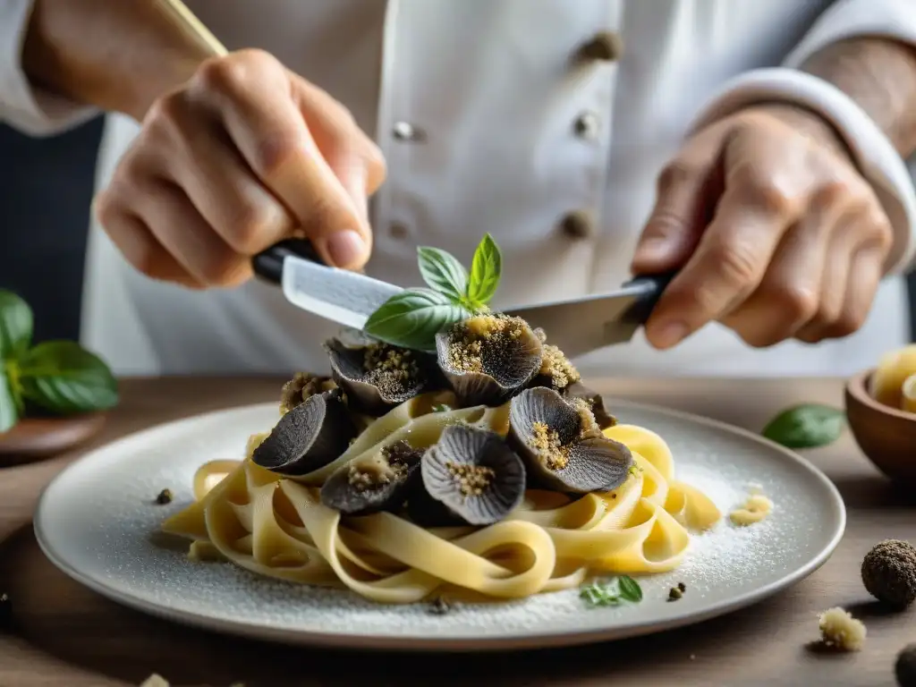 Exquisito chef rallando trufa fresca sobre pasta casera, resaltando el lujo del aceite de trufa en la cocina italiana