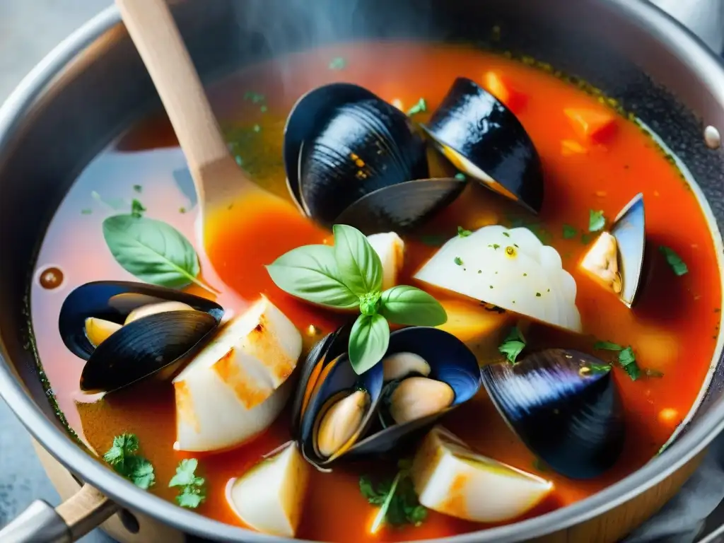 Un exquisito cioppino italiano, con mariscos frescos en caldo de tomate, cocina tradicional y calidez