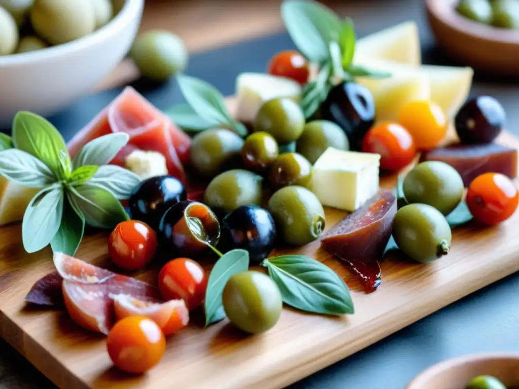 Exquisito antipasti en la cocina italiana: mesa rústica decorada con variedad de colores y sabores