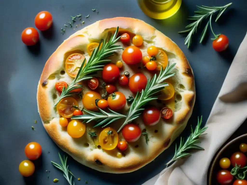 Un exquisito focaccia recién horneado con tomates cherry y romero, bañado en aceite de oliva, en una cocina italiana rústica