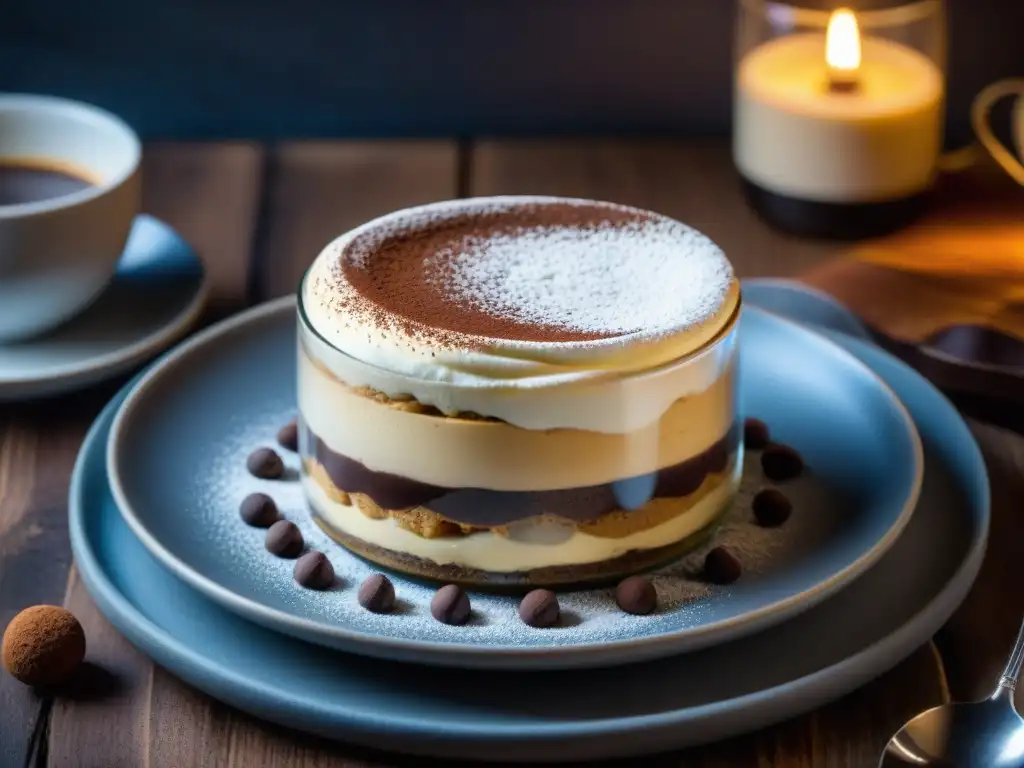 Un exquisito tiramisú recién hecho, con capas de bizcochos empapados en café, mascarpone y cacao