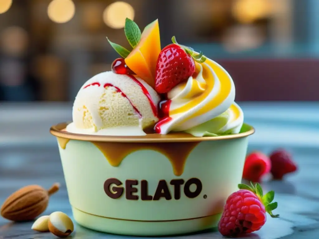 Exquisito helado artesanal con frutas frescas y nueces en cucurucho, reflejo de nuevas tendencias gelato sabores