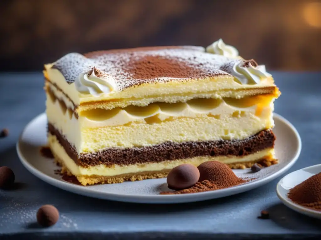 Un exquisito Tiramisú recién horneado, con capas de bizcochos empapados en café, cremoso queso mascarpone y cacao espolvoreado encima