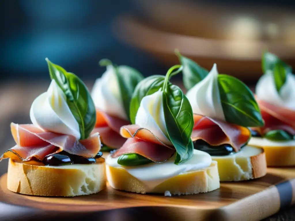 Un exquisito canapé italiano con prosciutto, burrata, albahaca y balsámico, reflejando la tendencia culinaria italiana