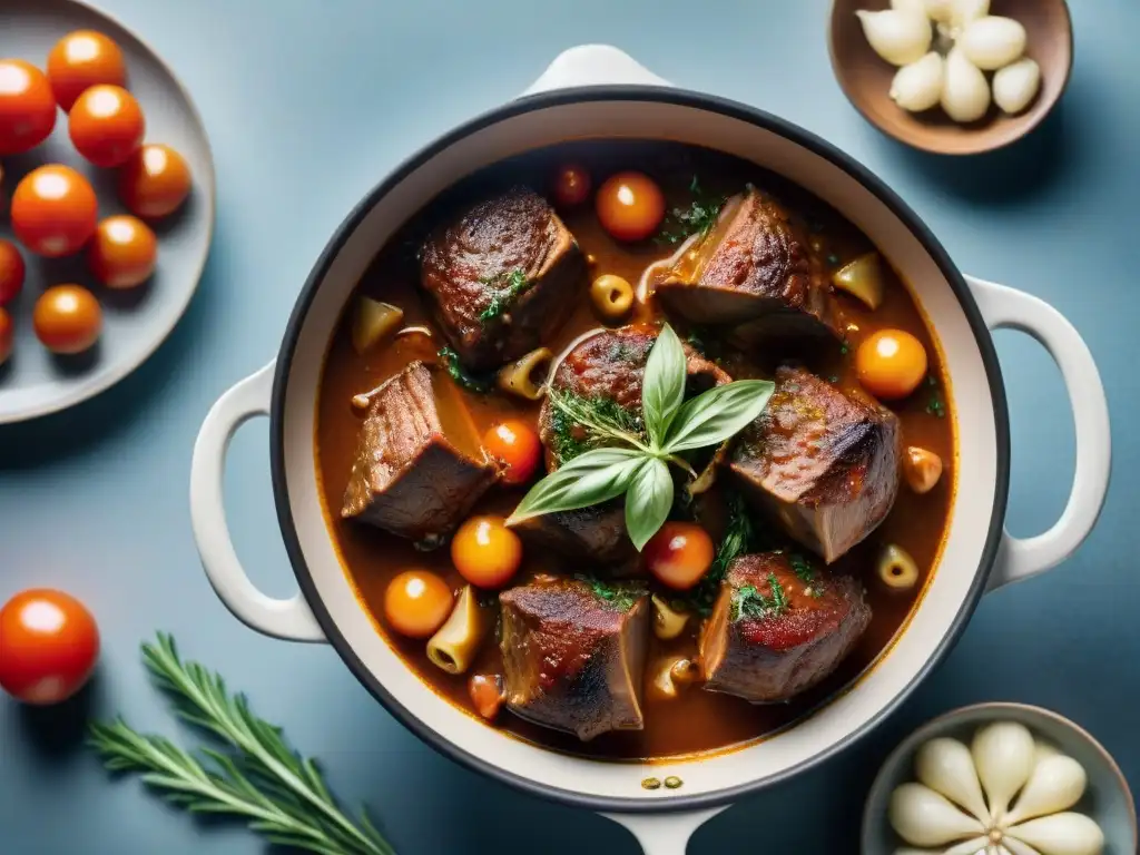 Un exquisito Osso Buco italiano casero, con tiernas costillas de ternera en un caldo aromático, rodeado de ingredientes frescos