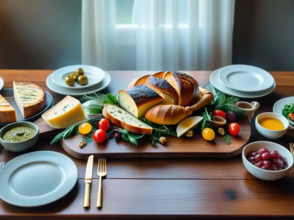 Exquisito festín italiano en mesa larga de madera con menús de cocina italiana para eventos