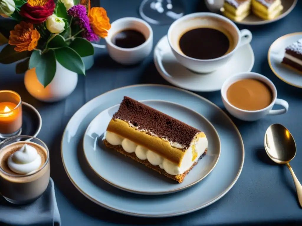 Un exquisito maridaje café postres italianos en una mesa elegante y lujosa