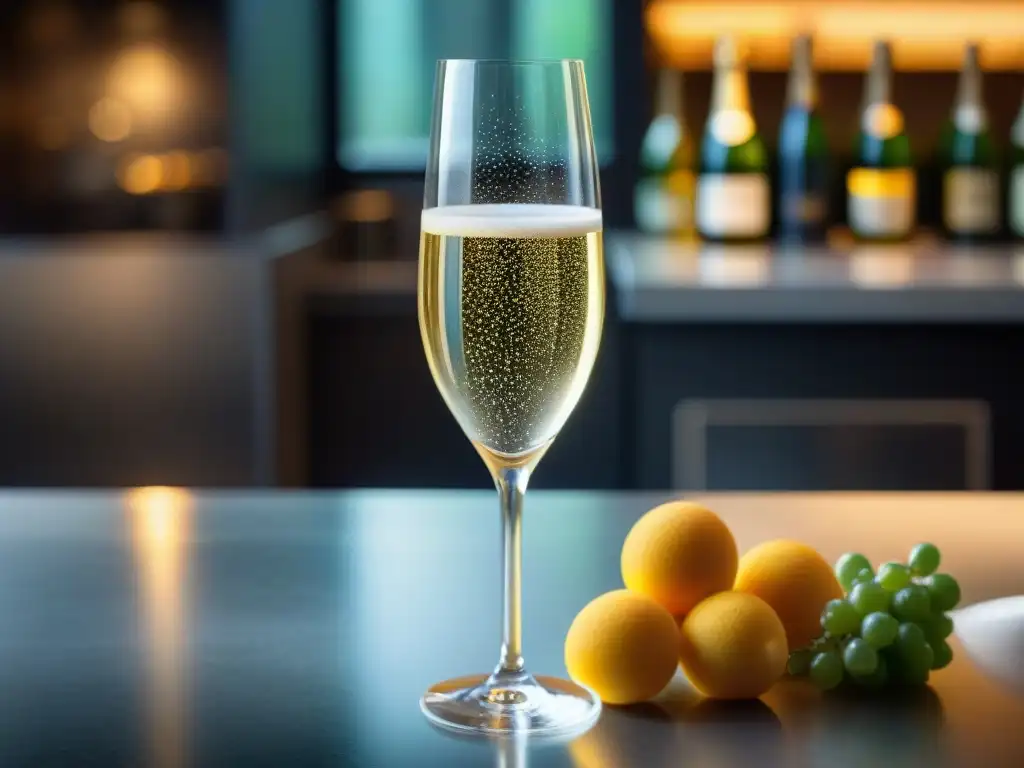 Exquisito maridaje: copa de champagne, burbujas y alta cocina italiana en escena elegante