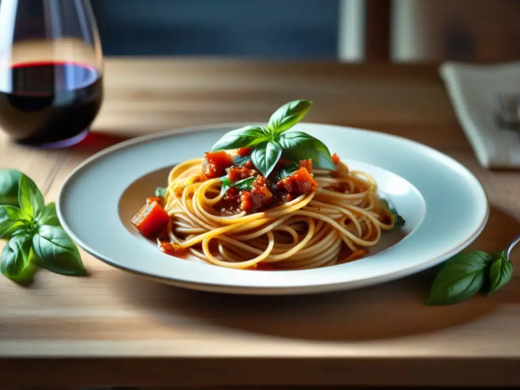 Un exquisito maridaje: spaghetti al dente con salsa de tomate y albahaca, junto a un Chianti