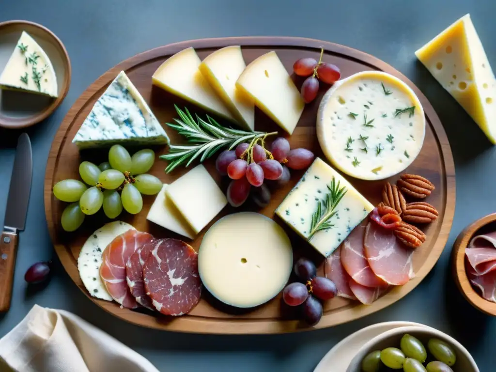 Un exquisito maridaje de quesos italianos y embutidos, con vinos, en una tabla rústica de madera