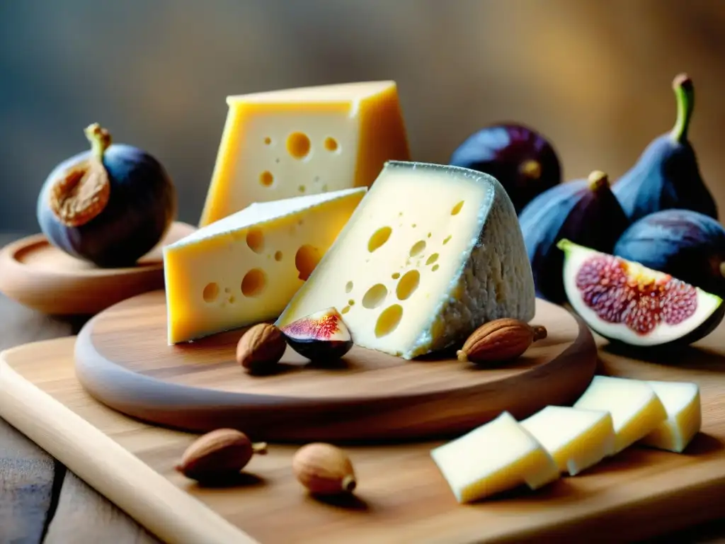 Deliciosos quesos italianos en tabla rústica Un exquisito maridaje Sangiovese con quesos italianos en tabla rústica de madera