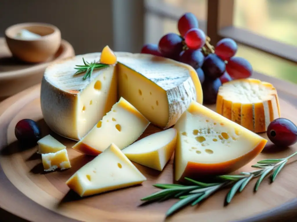Delicias italianas sobre mesa rústica: queso, uvas y crackers Un exquisito maridaje de Sangiovese con quesos italianos en una mesa rústica, bañada por luz natural