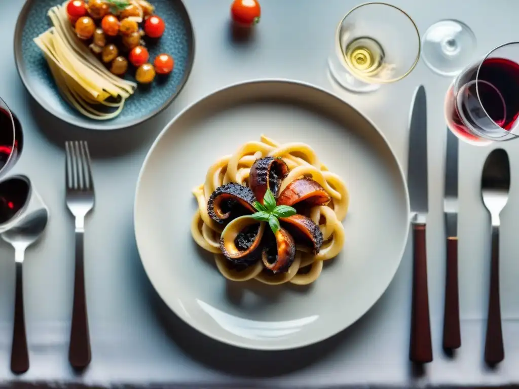 Exquisito maridaje vinos italianos platos modernos en mesa elegante con pasta trufada, pulpo y tiramisú