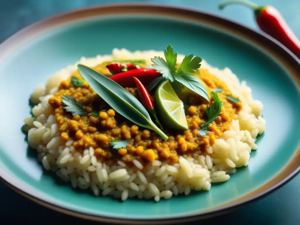 Un exquisito plato de Risotto Curry Tailandés, una fusión de sabores vibrantes y colores cautivadores en una presentación artística