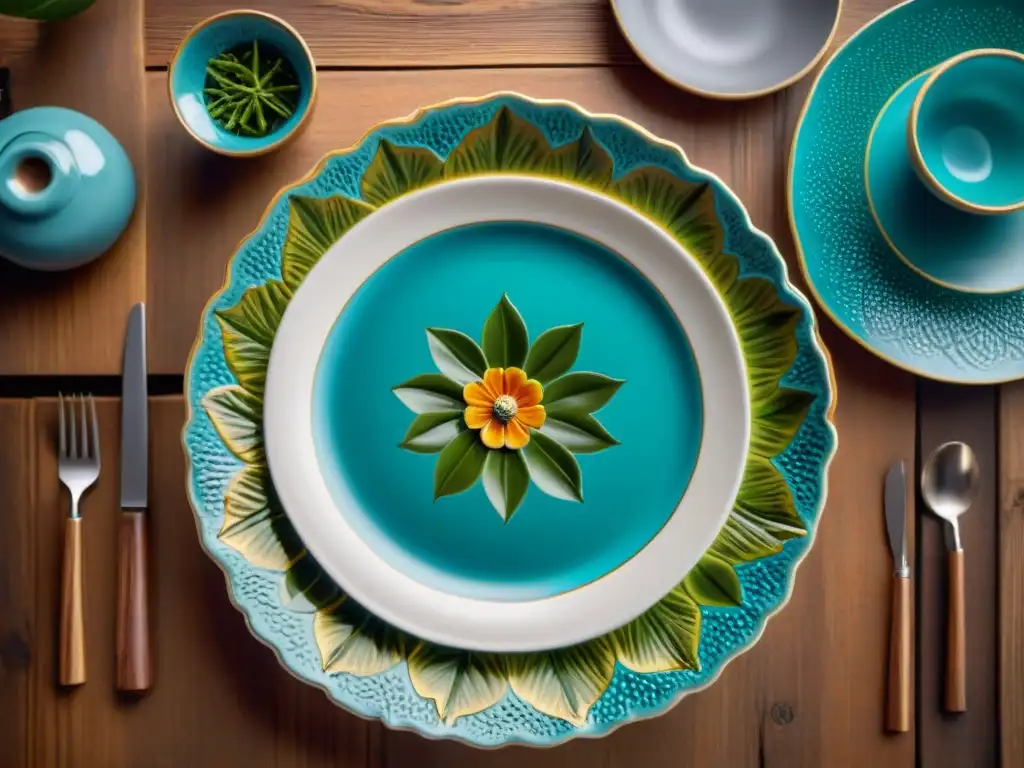 Un exquisito plato italiano de diseñador, cerámica pintada a mano con detallados patrones florales en vibrantes colores sobre mesa de madera rústica