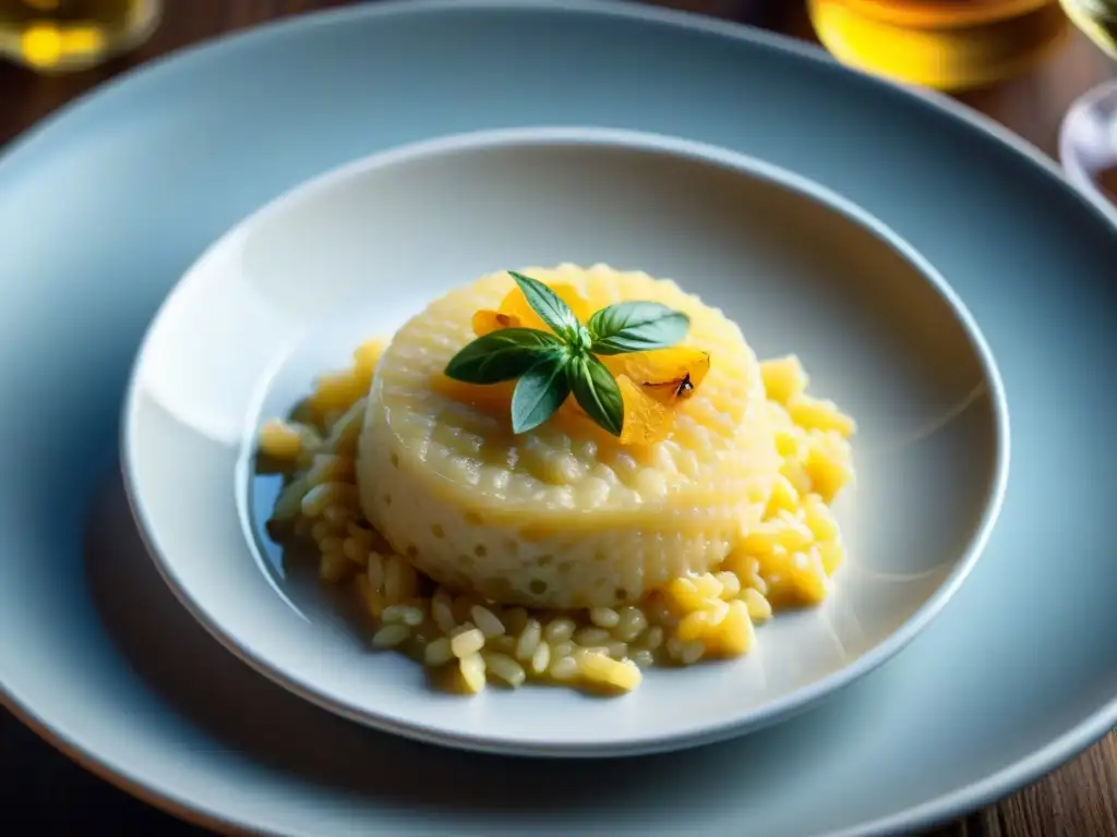 Un exquisito plato de risotto de azafrán con queso Parmigiano Reggiano y aceite de oliva en un elegante restaurante milanés