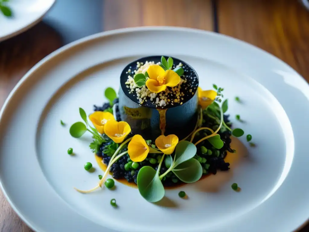 Un exquisito plato de risotto de tinta de calamar con láminas de oro comestible, en una presentación elegante en Italia