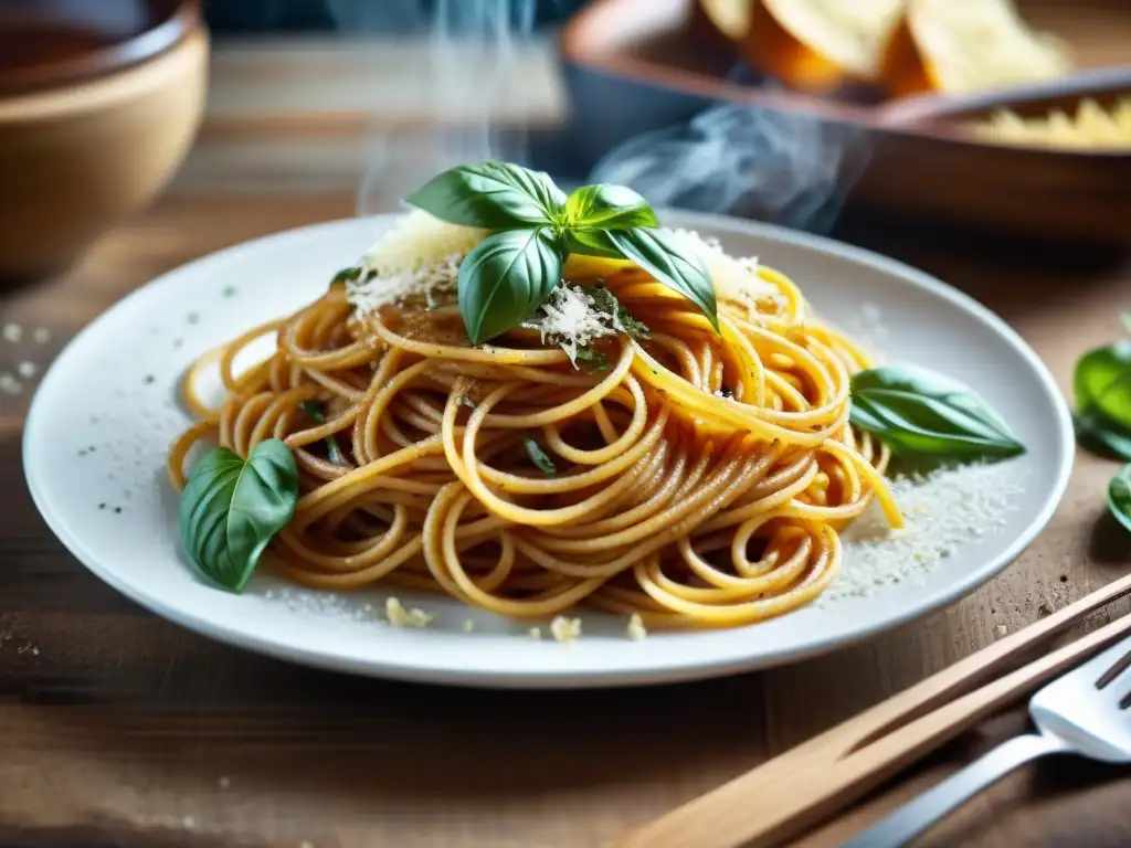 Un exquisito plato de Spaghetti al café receta italiana, con hojas de albahaca fresca y Parmesano rallado, envuelto en vapor