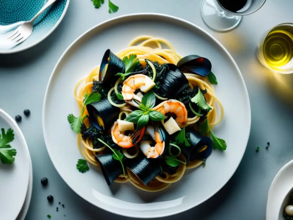 Un exquisito plato de Spaghetti al Nero di Seppia con mariscos frescos, sobre una mesa de madera y luz natural