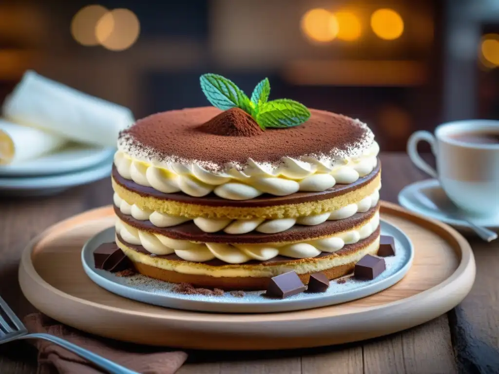 Un exquisito postre italiano para celebraciones: Tiramisú con capas de bizcochos embebidos en café, mascarpone y cacao