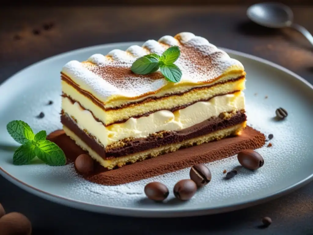 Un exquisito postre italiano elegante y delicioso: Tiramisú clásico con capas de bizcochos empapados en café, crema mascarpone, cacao y menta fresca