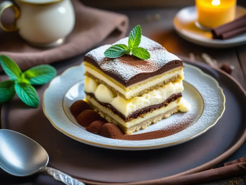 Un exquisito postre italiano evolución siglos: Tiramisú decorado con elegancia en un plato vintage